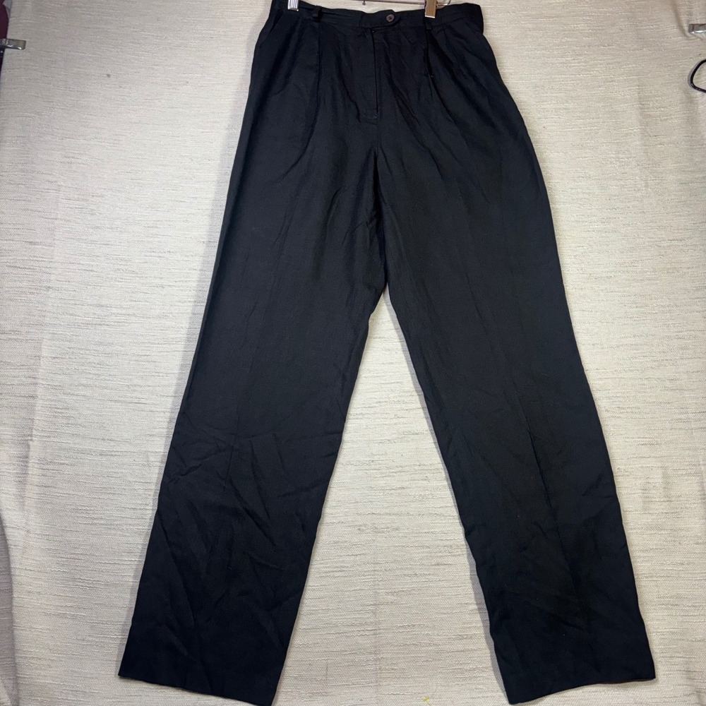 Talbots Black Rayon Linen Pleated High Rise Straight Leg Pants 8 Long